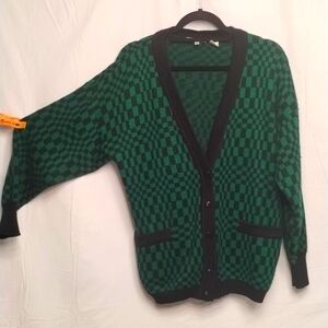 Vintage white stag green black unisex cardigan wool blend sewn pockets trippy